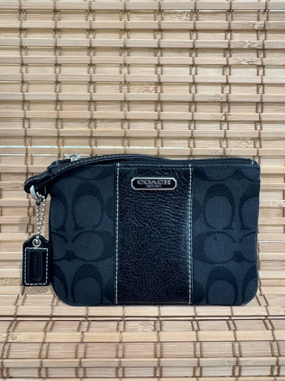 Coach Black Signature Canvas Zip Wristlet And Leather Stripe Women Clutch Wallet